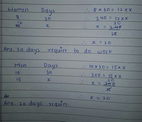 8 women and 10 men can do a piece of work in 30 days. how will it take ...