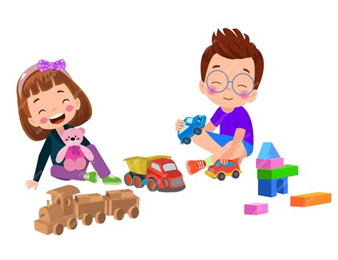 Un niño y una niña jugando con juguetes y un oso de peluche. | Vector ...