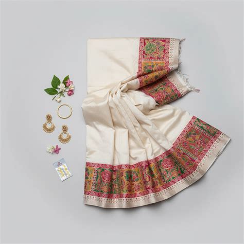 Pearl white munga silk saree with pasmina zari work banarasi saree ...