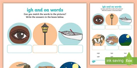 igh' and 'oa' Sounds Matching Activity Worksheet - Twinkl