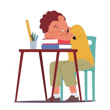 Young boy with learning issues rests his head on a cluttered desk with ...