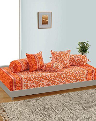 Swayam Orange and White Colour Floral Diwan Set with Bolster and ...