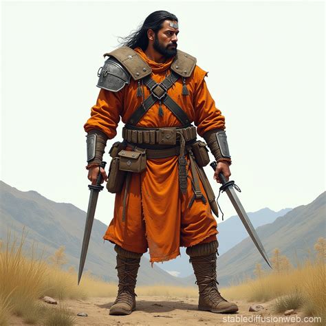 in combat he uses a long sword he is seen in full body the background ...