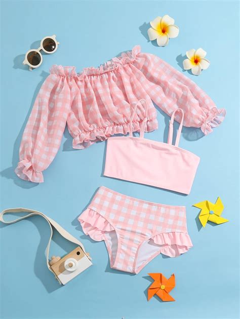 Young Girl Gingham Ruffle Trim Bikini Set With Cover Up Summer Beach ...