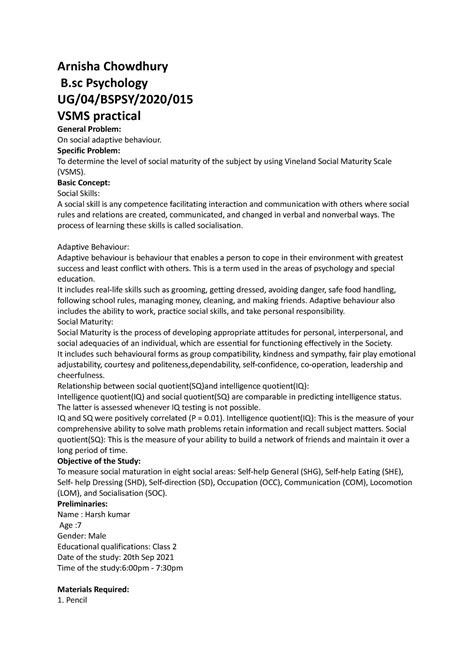 VSMS - Arnisha Chowdhury B Psychology UG/04/BSPSY/2020/ VSMS practical ...
