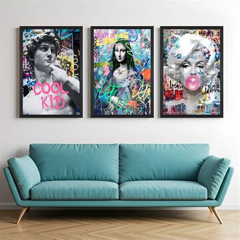 Set of 3 Pop Art Wall Prints – David, Mona Lisa & Gum Girl – CIPHER SPACES