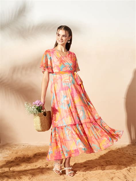 Light Orange Floral Printed Flutter Sleeves Maxi Dress for Women