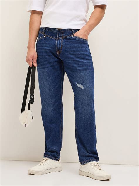 Shop Blue with Light Fade Distressed Patch Mid-Rise Relaxed Fit Jeans ...