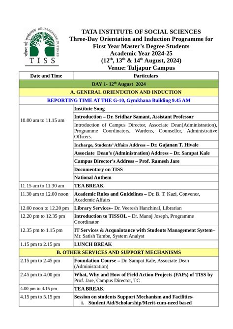 TISS TULJAPUR CAMPUS ORIENTATION SCHEDULE 2024-26 | Admissions, TISS