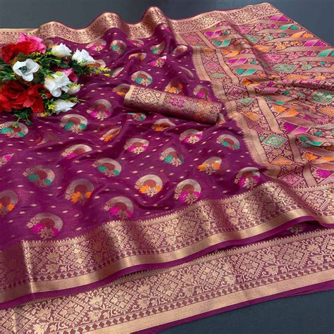 Wine Woven Organza Saree with Jacquard Border