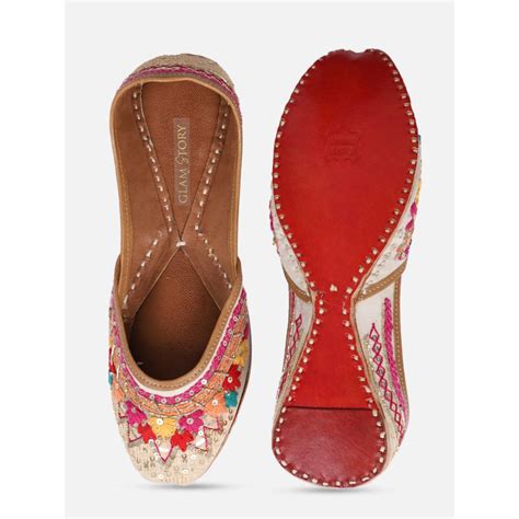 Buy GLAM STORY Punjabi Jutti For Women Cream Embroidered Flower Design ...