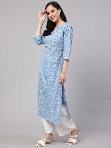 Women Blue Ethnic Printed Straight Kurta with Three Quarter Sleeves ...