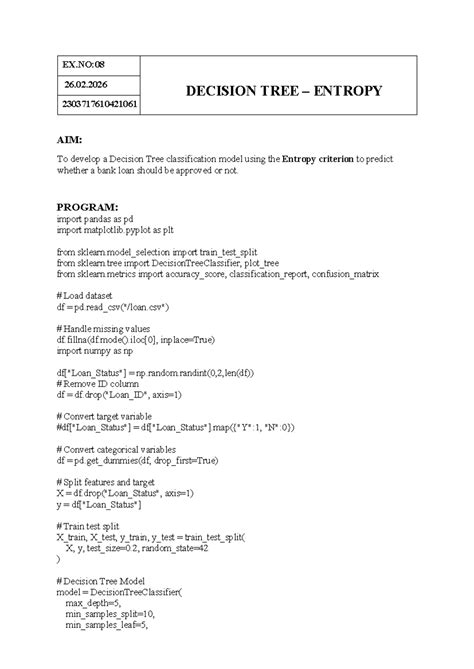 ML 10 - Decision Tree Entropy Model for Loan Approval - Studocu