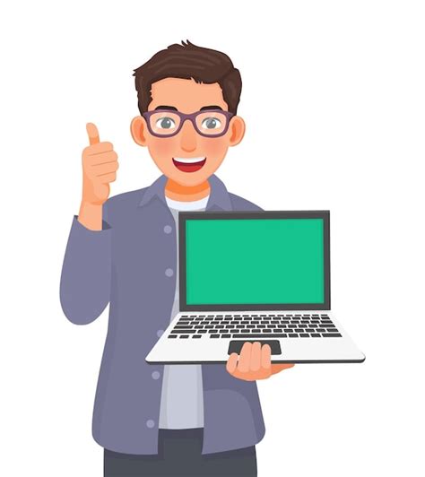 Young businessman with glasses holding laptop with blank screen for ...