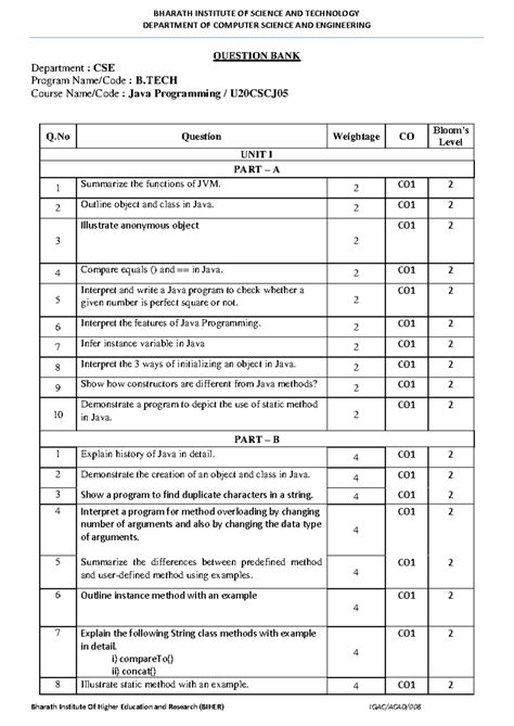 Java Programming U20CSCJ05 Question Bank - All Units Overview - Studocu