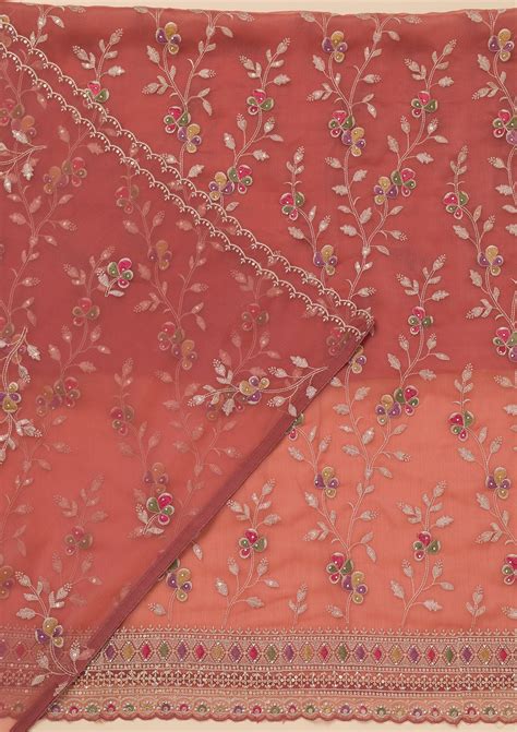 Buy Rust Threadwork Tissue Unstitched Salwar Suit - Koskii