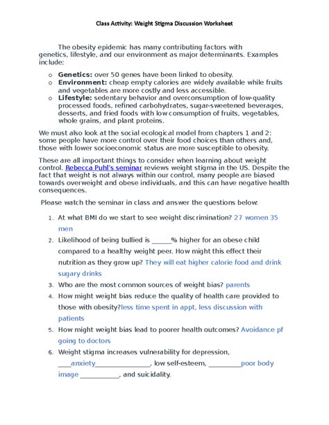 Community - Weight Stigma Discussion Worksheet - Class Activity: Weight ...