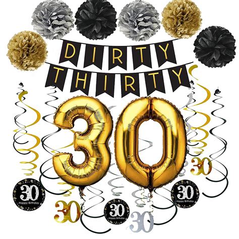 Buy Dirty Thirty Banner with Pom Poms 30th Glittery Hanging Streamers ...