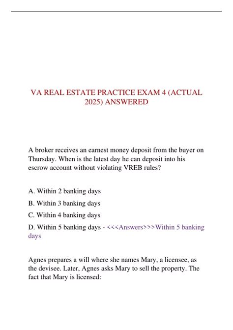 VA REAL ESTATE PRACTICE EXAM 4 (ACTUAL 2025) ANSWERED - VA REAL ESTATE ...