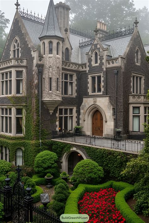 A majestic Gothic Victorian mansion with lush greenery. Our goal here ...