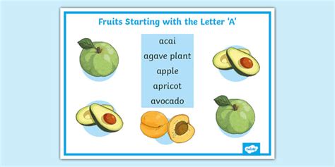 Fruit Starting with 'A' illustrated Display Poster