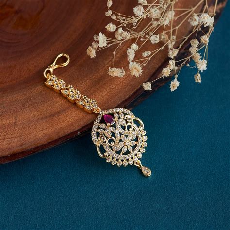 Regal Ruby Blossom Maang Tika - Opal Touch