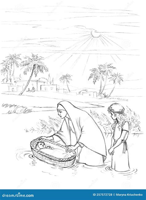 Moses` Mother Puts Him In A Basket On The River. Pencil Drawing Stock ...
