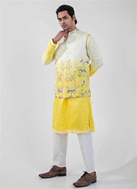 Smriti - Men — Yellow And Ivory Ombre Nehru Jacket With Kurta Set ...