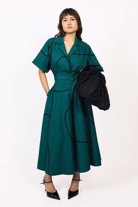 Buy Green Cotton Open Neck Dark Midi Dress For Women by Leh Studios ...