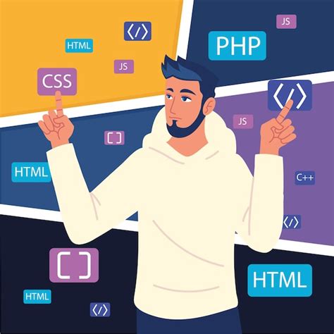 Male programmer with development codes | Premium Vector