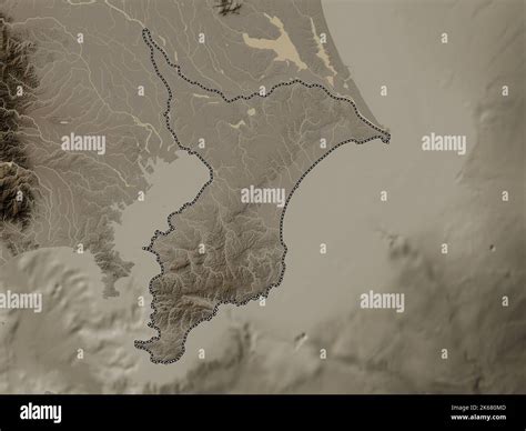Chiba, prefecture of Japan. Elevation map colored in sepia tones with lakes and rivers Stock ...