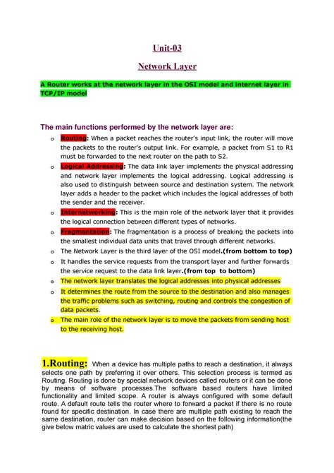 Network layer class notes provided by teacher - Unit- Network Layer A ...