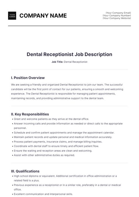 Free Dental Receptionist Job Description Template to Edit Online