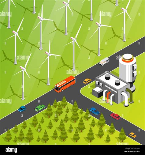 Green energy isometric illustration with wind turbines bio fuel plant ...