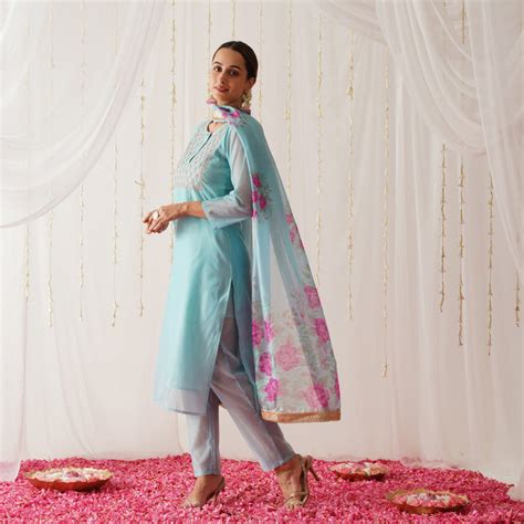 Buy Sky Blue Embroidered Chanderi Kurta Set with Dupatta | Rustorange