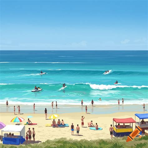 A high-angle view of a crowded beach with people swimming, sunbathing ...