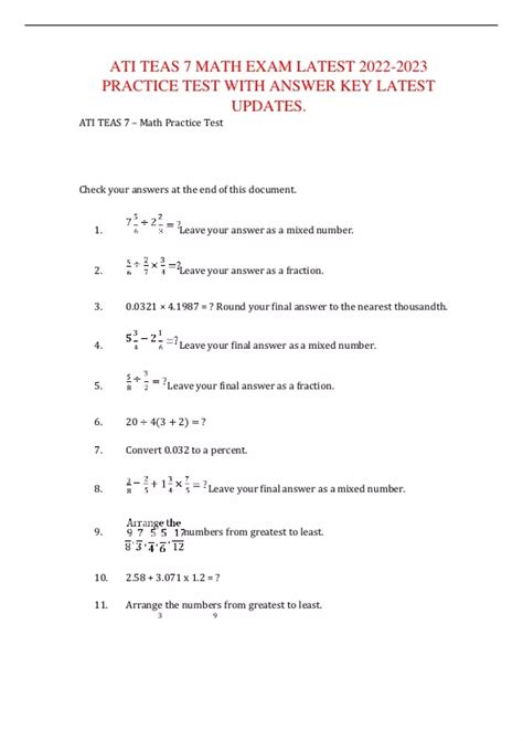 ATI TEAS 7 MATH EXAM LATEST PRACTICE TEST WITH ANSWER KEY LATEST ...