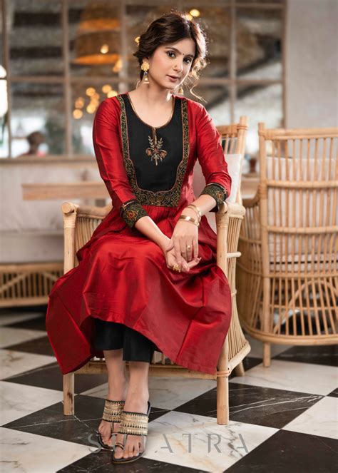 Beautiful A Line Maroon cotton Silk Kurta With Ajrakh Patchwork On Yok ...