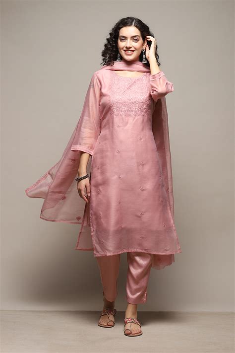 Dusty Pink Linen Blend Unstitched Suit Set at Biba India
