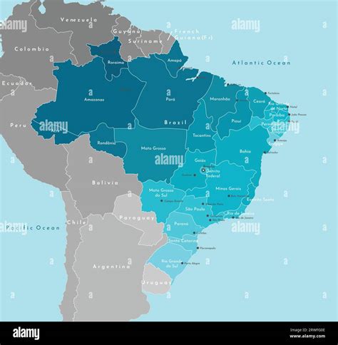 Vector modern illustration. Simplified geographical map of Brazil and nearest states. Blue ...