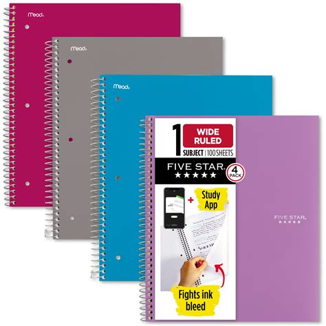 Five Star Spiral Notebook + Study App, 1 Subject, Wide Ruled, 8" x 10.5 ...