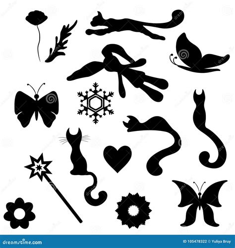 Silhouettes of Objects. Flowers, Butterflies, Cats Stock Vector - Illustration of rabbit, vector ...