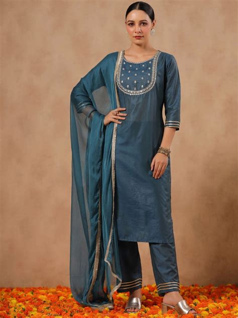 Rich Teal Rayon Zari Embroidered Kurta Set With Straight Bottom And Sh