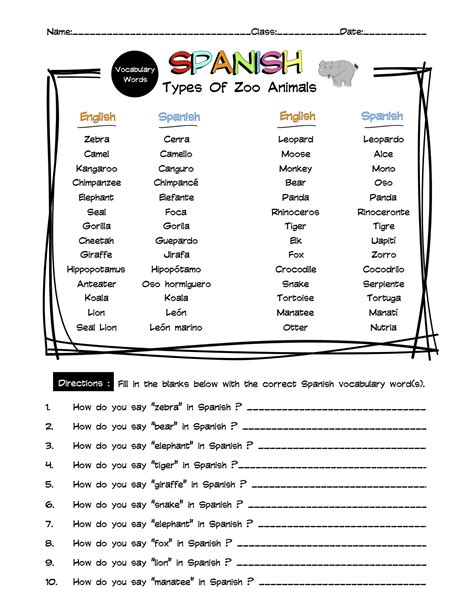 Spanish Zoo Animals Vocabulary Word List Worksheet & Answer Key | Made ...