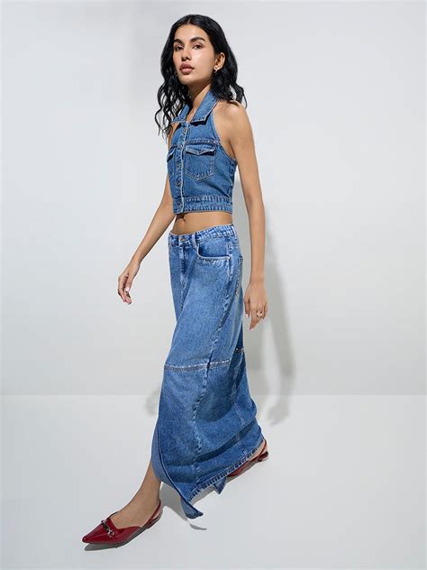 Buy Nuon Blue Slit-Detailed High-Rise Denim Skirt from Westside