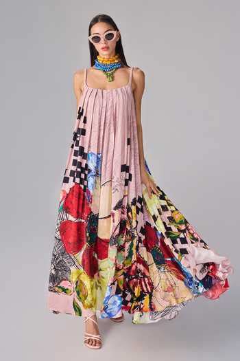 Buy Multi Color Crepe Square Neck Floral Abstract Print Flared Maxi ...