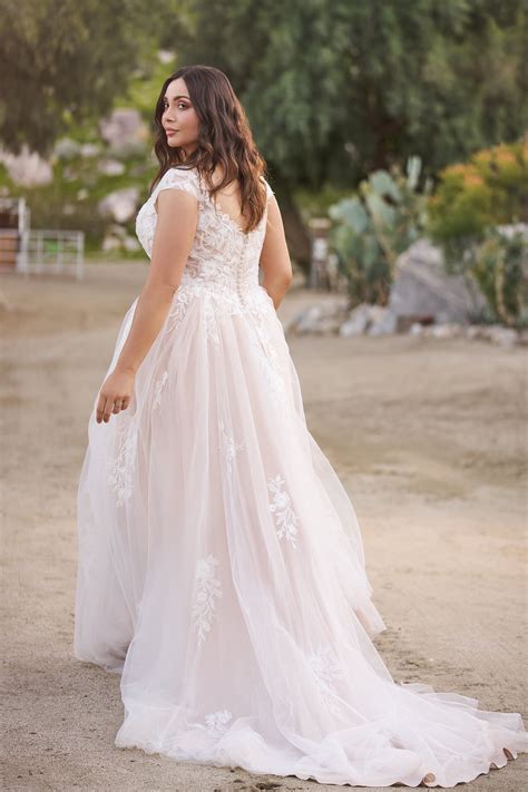 66259PS: Tulle A-Line Plus Size Bridal Dress with Sheer Bodice and Chapel Length Train | Lillian ...