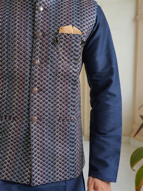 Men Navy Blue Kurta Nehru Jacket Trouser Set