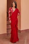 Buy Red Crepe, Georgette Sequins, Solid Ruffle Pre-draped Saree With ...