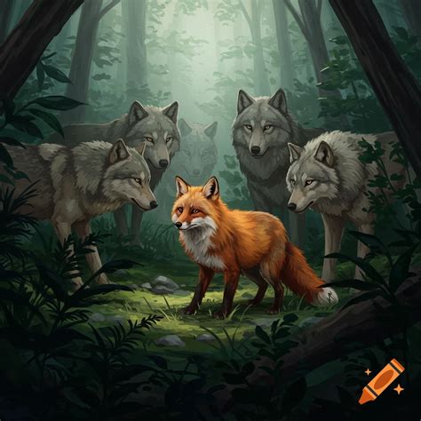 A fox stands surrounded by wolves in a forest. on Craiyon